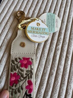 Spartina 449 Beige Strap Key & Card Holder with Pink Floral Embroidery
